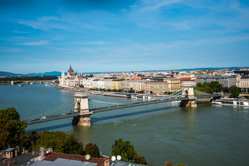Fototapeta na wymiar Budapest the Capital city of Hungary is divided by the River Danube.The Chain Bridge opened in 1849 was designed by UK engineer William Tierney Clark