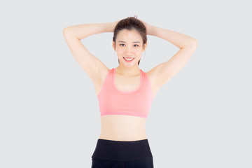 Fototapeta na wymiar Beautiful portrait young asian woman standing workout stretch muscle arm with healthy isolated on white background, asia girl wear sport clothes exercise and yoga for health, wellness concept.