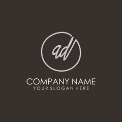 AD initials signature logo. Handwritten vector logo template connected to a circle. Hand drawn Calligraphy lettering Vector illustration.