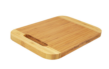 Bamboo cutting board isolated on white close up
