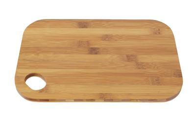 Bamboo cutting board isolated on white close up