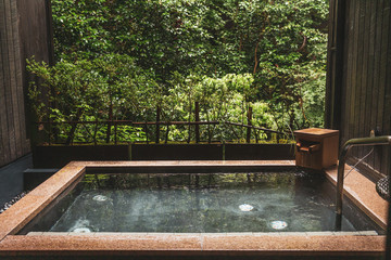 Japanese style onsen hot spring with calming nature viewa