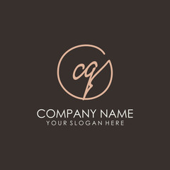 CQ initials signature logo. Handwritten vector logo template connected to a circle. Hand drawn Calligraphy lettering Vector illustration.