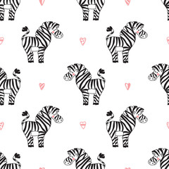Fototapeta na wymiar Animal Background for Kids. Vector Seamless Pattern with doodle Cute Zebras and Stars. Children's wallpaper