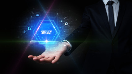 Man hand holding SURVEY inscription, social media concept
