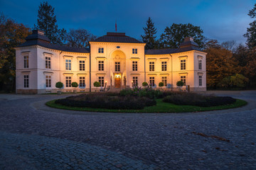 Myslewicki palace in Lazienki Park at night  in Warsaw, Poland