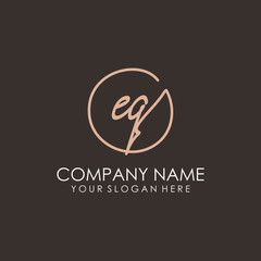 EQ initials signature logo. Handwritten vector logo template connected to a circle. Hand drawn Calligraphy lettering Vector illustration.