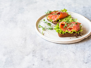 Two toasts with salmon slices, sesame, pea sprouts and lettuce on a white ceramic plate on grey background. Copy space