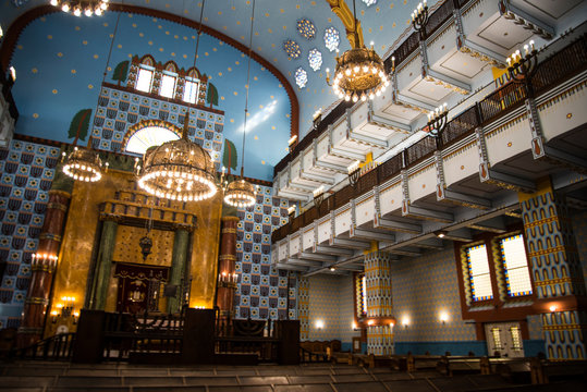The lovely Kazinczy synagogue situated  in the former Jewish Ghetto in Budapest Hungary  Historic Jewish place of worship with an opulent interior featuring stained-glass windows