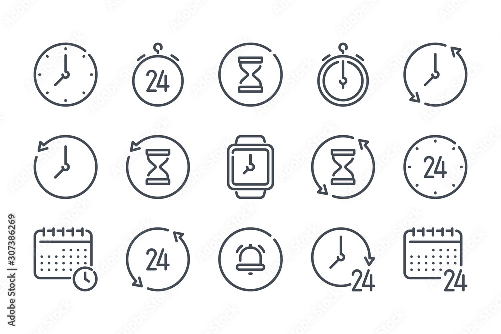 Poster time and clock related line icon set. timer and stopwatch linear icons. date and calendar schedule o
