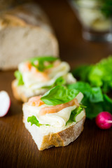 sandwich with cheese, salad leaves and red fish on a wooden