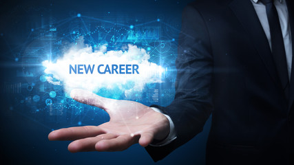 Hand of Businessman holding NEW CAREER inscription, successful business concept