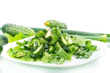 fresh salad of cucumbers and greens in a plate isolated on white