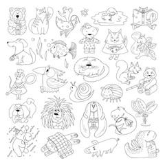 Obraz premium Big Vector Set of Funny Wild Animals and Pets. Coloring Page for kids. Cute Cartoon Animals, Birds, Insects and Fishes for Coloring Book