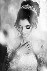 Black and white photo. Gorgeous female bride. Beautiful bride with makeup and hair style. Sexy bride posing in luxury interior. Wedding morning of the bride. Newlywed woman final preparation for weddi