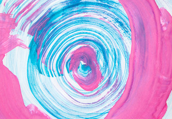 Abstract blue and pink color painting background made with watercolors and wide brush. Colorful painted swirl on white background.