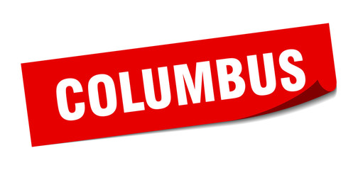 Columbus sticker. Columbus red square peeler sign