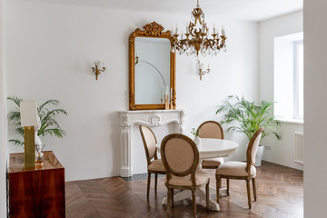 Interior of modern flat, Living room with white table, mirror