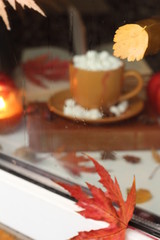 Blurred marshmallows cup behind a foggy window with fallen leaves