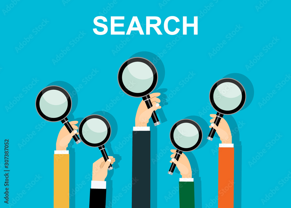 Poster hands holding a magnifying glass. concept of searching, detecting and analyzing. vector illustration