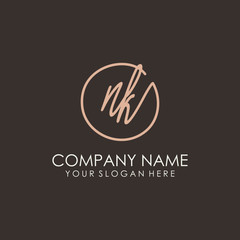NK initials signature logo. Handwritten vector logo template connected to a circle. Hand drawn Calligraphy lettering Vector illustration.