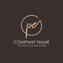 PE initials signature logo. Handwritten vector logo template connected to a circle. Hand drawn Calligraphy lettering Vector illustration.
