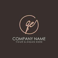 QE initials signature logo. Handwritten vector logo template connected to a circle. Hand drawn Calligraphy lettering Vector illustration.