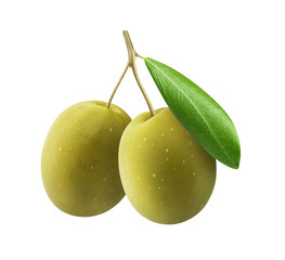 Green olives with leaves isolated on white background