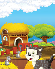 Obraz na płótnie Canvas cartoon scene with cat having fun on the farm - illustration for children