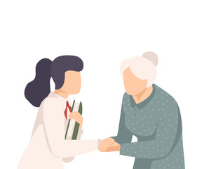Obraz premium Young Woman Soothing Senior Female Holding Her Hand and Giving Word Support Vector Illustration