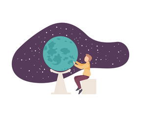 Teenager Sitting Beside Starry Sky Projection in Planetarium and Spinning Around Globe Vector Illustration