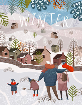 Winter holiday. Vector illustration of a happy family on a walk on nature near the city for New Year and Christmas. Drawing of mother, father and children for a card, background or poster.