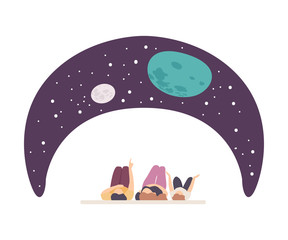 Naklejka premium People Characters Lying on Floor and Watching Starry Sky Projection Vector Illustration