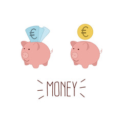Business or finance saving concept with piggy bank and euro banknotes and coin. Lettering MONEY.