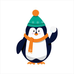 Vector cartoon penguin in winter warm clothes.