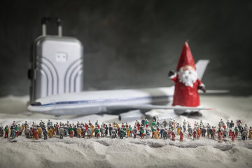 Merry Christmas and Happy new years travel concept background for winter trip on wood background , Travel with airplane top view with copy space.