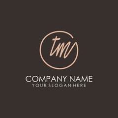 TM initials signature logo. Handwritten vector logo template connected to a circle. Hand drawn Calligraphy lettering Vector illustration.