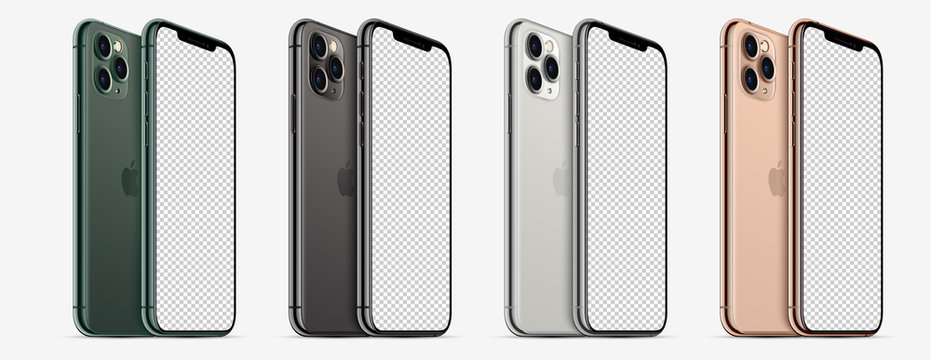 All Collection Phone 11 pro / pro max Midnight Green, Space Gray, Gold and Silver color by Apple Inc. Mock-ups, screens phone for your design and back side phone. Vector illustration EPS10