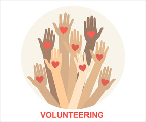Hands with hearts. Raised hands volunteering vector concept
