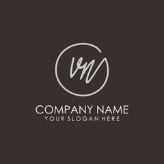 VN initials signature logo. Handwritten vector logo template connected to a circle. Hand drawn Calligraphy lettering Vector illustration.
