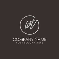 WT initials signature logo. Handwritten vector logo template connected to a circle. Hand drawn Calligraphy lettering Vector illustration.