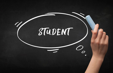 Hand drawing STUDENT inscription with white chalk on blackboard, education concept