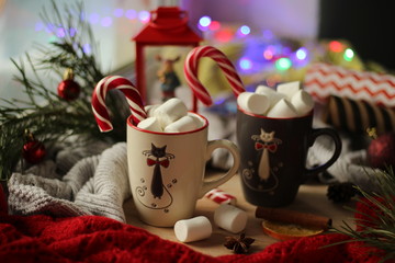 christmas candy, cup with marshmallows and decorations