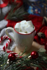 christmas candy, cup with marshmallows and decorations