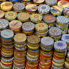 TURKEY, ISTANBUL - SEPTEMBER 22, 2018: souvenirs with traditional ornaments in the oriental bazaar, gifts, travel