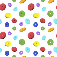 Seamless rainbow pattern of plastic rings on a white background. Elements of children's toy tower, 3D illustration.