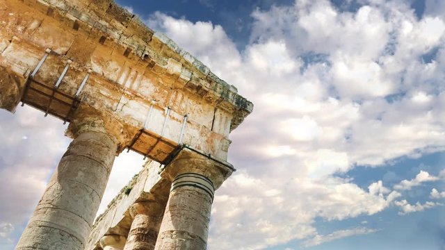 Doric greek temple in Segesta, Trapani, Sicily, Italy. Time lapse effect 4k.