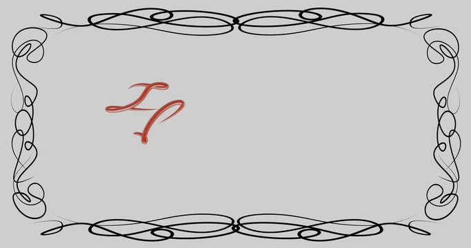 3d animation. Gradually appearing black patterned frame with red text "I love you" on a gray background.