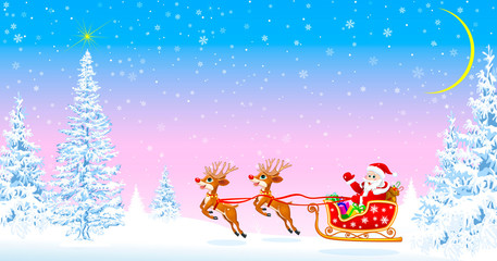 Fototapeta na wymiar Santa Claus welcomes Christmas. Santa on a sleigh with deers welcomes. Christmas tree. Star in the sky. Snowy forest. Santa on the background of fir trees and snowflakes