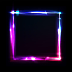 Neon frame with glow, sign and light background. Square. Night club signboard with empty space for logo or text. Vector illustration, poster, banner for night party. Glitch and neon light effect.